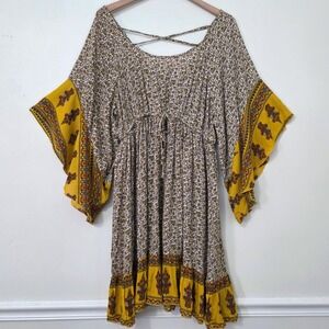 J Gee Bell Flare Sleeve Paisley Boho Dress Sz L Indian Floral Festival Beach